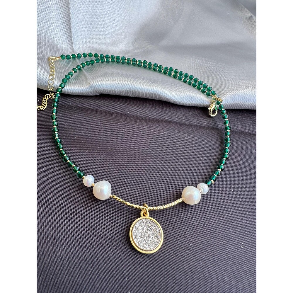 Stunning 17"+20" Green Faceted Bead Necklace with Freshwater Pearl & Gold Coin P